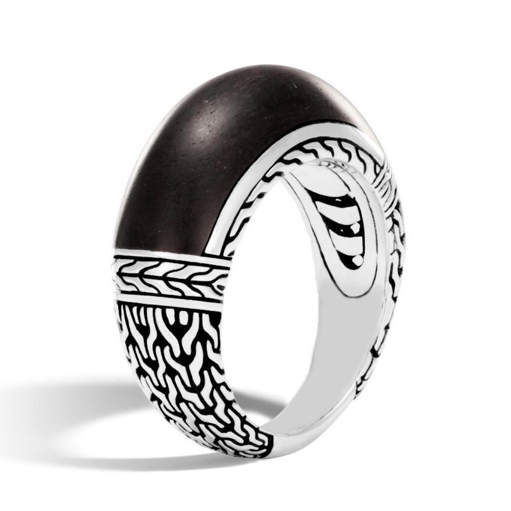 JOHN HARDY Classic Chain Sterling Silver 10mm Dome Ring with Ebony Wood Size 5